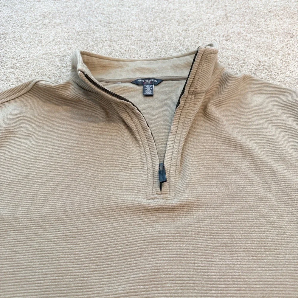 Van Heusen Pullover Mens XL Tan Flex Quarter-Zip Ribbed Knit Mock Neck Sweater